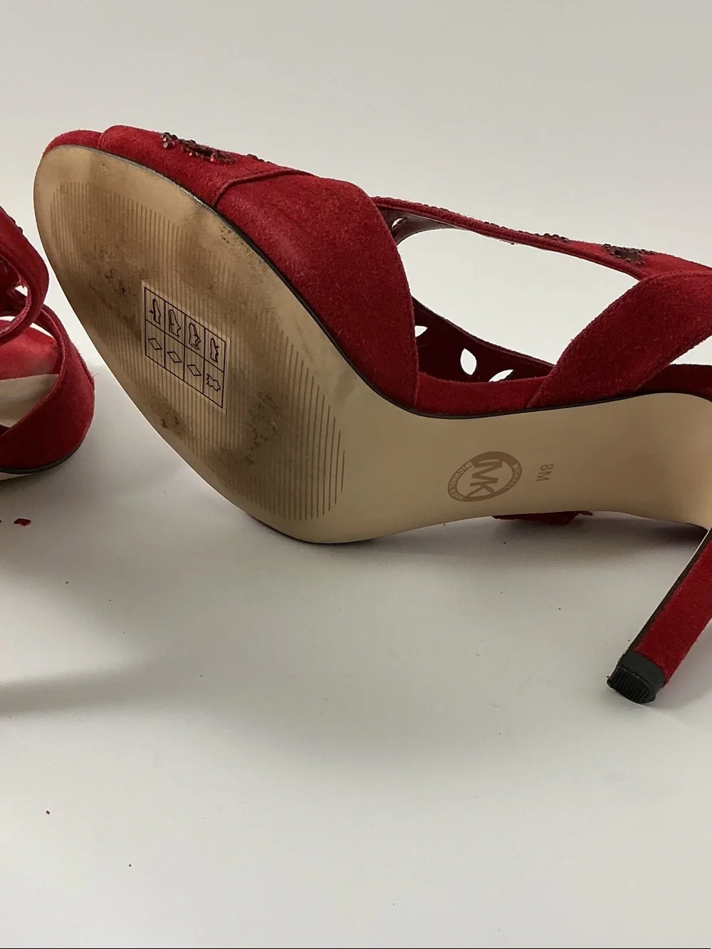 Michael Kors Red Suede Slingback Heels with Cutout & Bead Detail